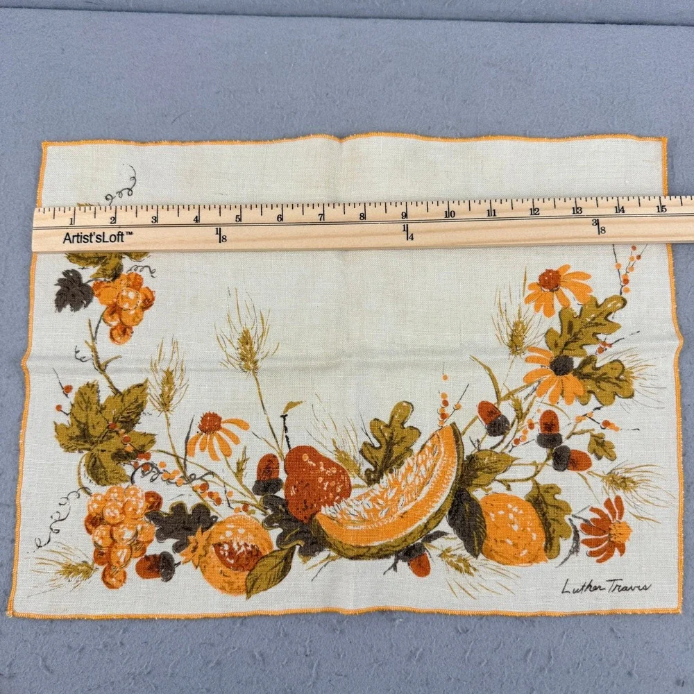 7pc Vtg Signed Luther Travis Fall Harvest Linen Set 4 Placemats‎ 3 Napkins Wheat
